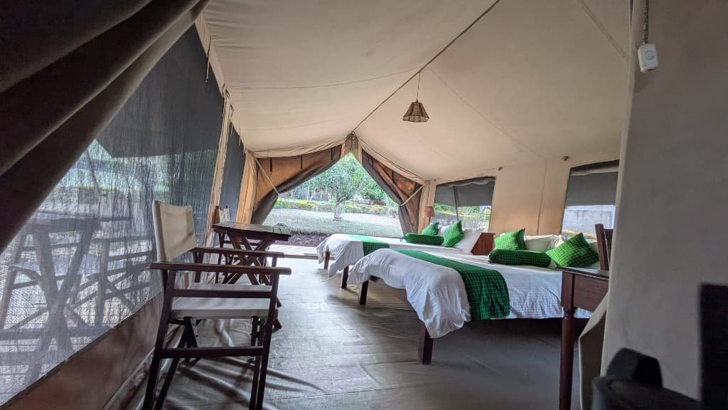 Twin beds with green runners inside an open safari tent
